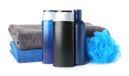 Set with men's personal hygiene products on white background