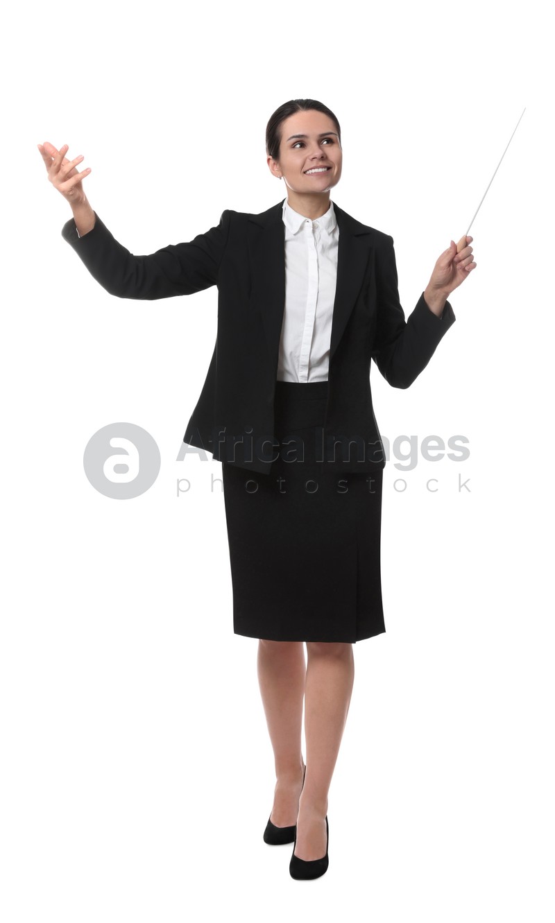 Happy young conductor with baton on white background