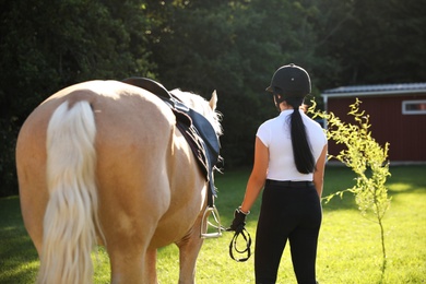 Photo of Young woman in horse riding suit and her beautiful pet outdoors on sunny day, back view