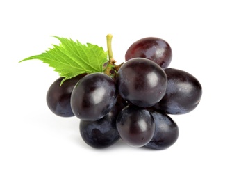 Fresh ripe juicy dark blue grapes with leaf isolated on white
