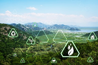 Digital eco icons and beautiful mountains on sunny day