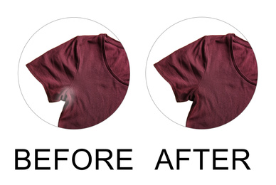 Image of Dark red t-shirts before and after using deodorant on white background