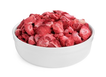 Freeze dried strawberries in bowl on white background