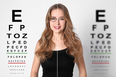 Image of Collage with photos of woman with and without glasses and eye charts on white background. Visual acuity testing