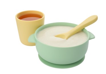 Healthy baby food in bowl and drink on white background
