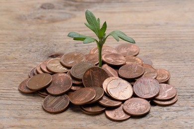 Coins with green sprout on wooden table, closeup. Investment concept