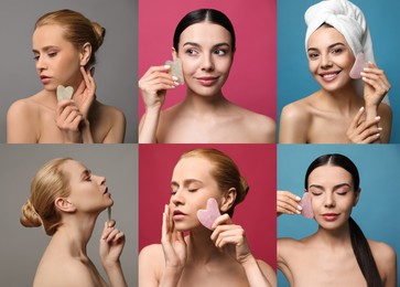 Image of Collage with portraits of beautiful women with gua sha facial tools on color backgrounds