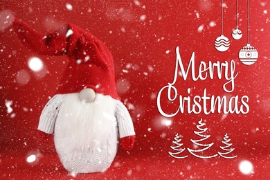 Image of Merry Christmas! Cute Christmas gnome on red background