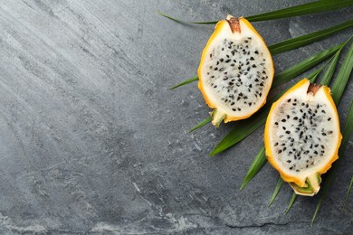 Delicious cut dragon fruit (pitahaya) and tropical leaf on grey table, flat lay. Space for text