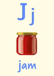 Illustration of Learning English alphabet. Card with letter J and jam, illustration