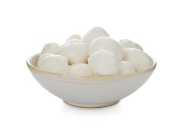 Bowl with mozzarella cheese balls on white background