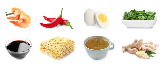 Image of Set with tasty ingredients for ramen on white background. Banner design