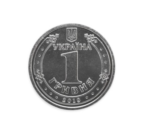Ukrainian coin on white background, top view. National currency