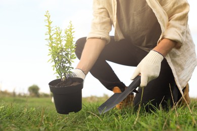 Photo of Man planting tree in countryside, closeup view