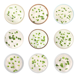 Set of delicious sour cream with onion in bowls on white background, top view