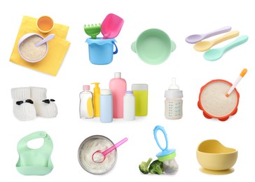 Image of Set with different stuff for baby on white background