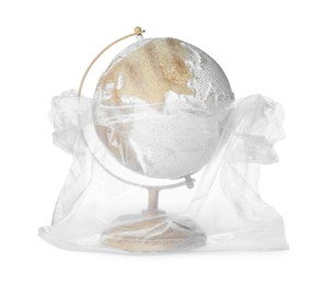Globe in plastic bag isolated on white. Environmental protection concept