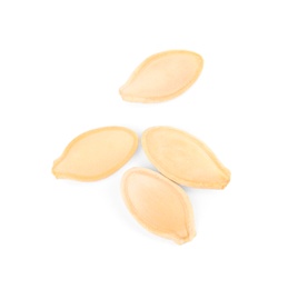 Raw unpeeled pumpkin seeds on white background, top view