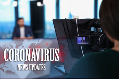 Presenter and video camera operator working in studio. Coronavirus pandemic - latest updates