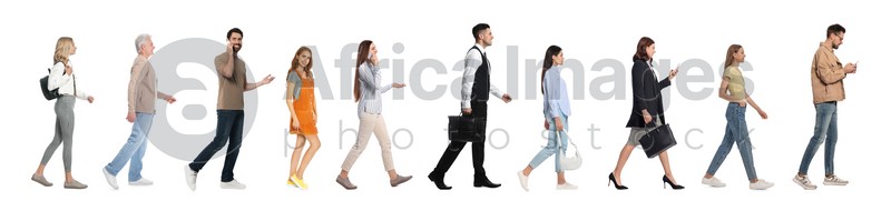 Image of Collage with photos of people wearing stylish outfit walking on white background. Banner design