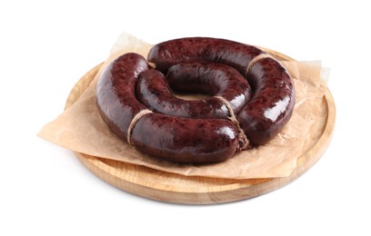 Tasty blood sausages and wooden board on white background