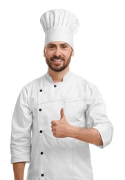 Photo of Smiling mature male chef showing thumbs up on white background