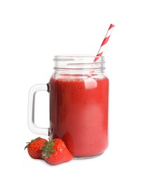 Photo of Mason jar of tasty strawberry smoothie and fresh fruits on white background