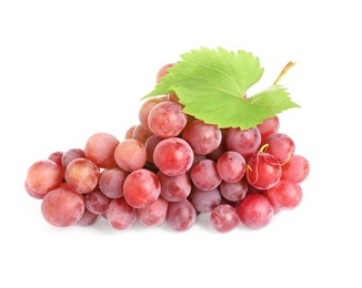Bunch of red grapes with green leaf isolated on white