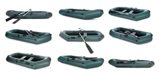 Set with inflatable rubber fishing boats on white background 