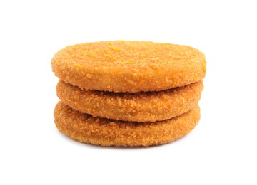 Uncooked breaded cutlets on white background. Freshly frozen semi-finished product