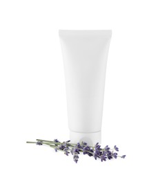 Photo of Tube of hand cream and lavender on white background