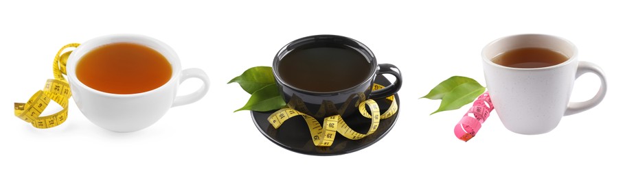 Set with cups of cup of weight loss herbal tea on white background. Banner design