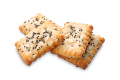 Delicious crispy crackers with poppy and sesame seeds isolated on white