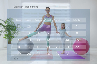 Double exposure of calendar and family doing exercise together at home
