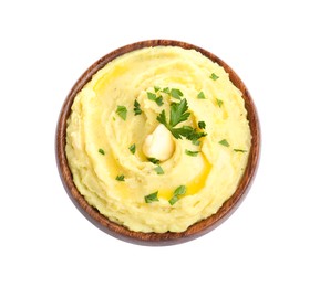 Bowl of freshly cooked mashed potatoes with parsley isolated on white, top view
