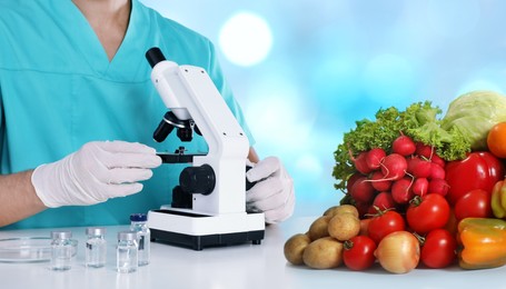 Image of Quality control specialist inspecting food in laboratory, closeup. Banner design 