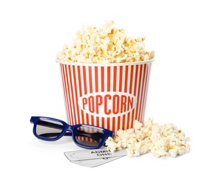 Bucket of fresh popcorn, tickets and 3D glasses on white background. Cinema snack