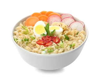 Photo of Tasty soup with instant noodles, egg and vegetables in bowl isolated on white