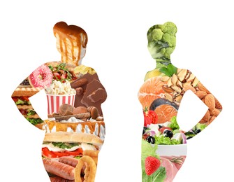 Illustration of Silhouettes of overweight and slim women filled with unhealthy and healthy food on white background, collage. Illustration