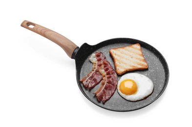 Frying pan with delicious fried egg, bacon and toast isolated on white