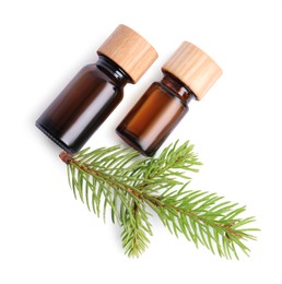 Photo of Bottles of pine essential oil on white background, top view
