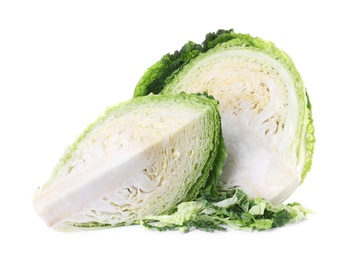 Photo of Cut fresh ripe savoy cabbage on white background