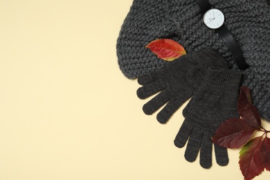 Stylish woolen gloves, scarf, wristwatch and dry leaves on beige background, flat lay. Space for text