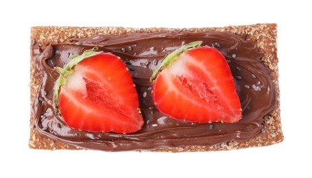 Photo of Fresh crunchy rye crispbread with chocolate spread, strawberry and chia seeds isolated on white, top view