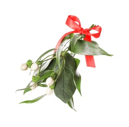 Mistletoe bunch with red bow isolated on white. Traditional Christmas decor