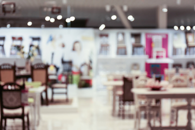 Blurred view of furniture store in mall. Bokeh effect