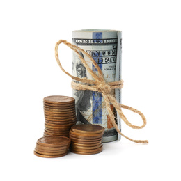 Roll of dollar bills tied with rope and coins isolated on white