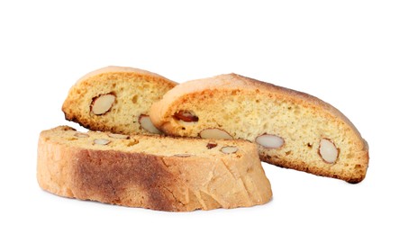 Photo of Slices of tasty cantucci on white background. Traditional Italian almond biscuits