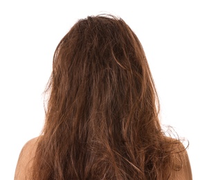 Photo of Woman with tangled brown hair on white background