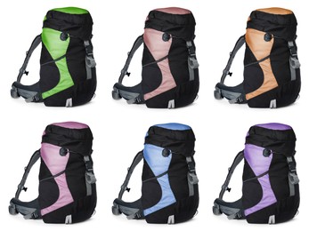 Different hiking backpacks on white background, collage 